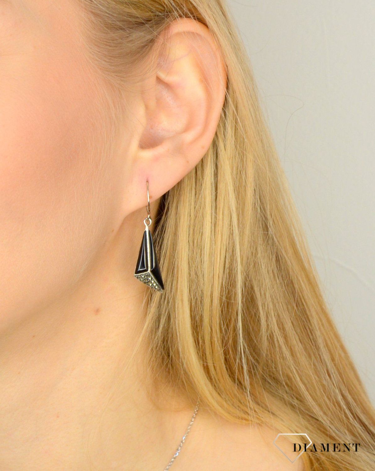 Kolczyki damskie srebrne wiszące onyks i markazyty A0 5811.jpg